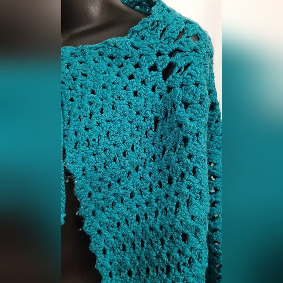 Crochet Hand Knit Granny Shawl Vintage Handmade Teal Blue Wrap With Tie - Picture 2 of 5